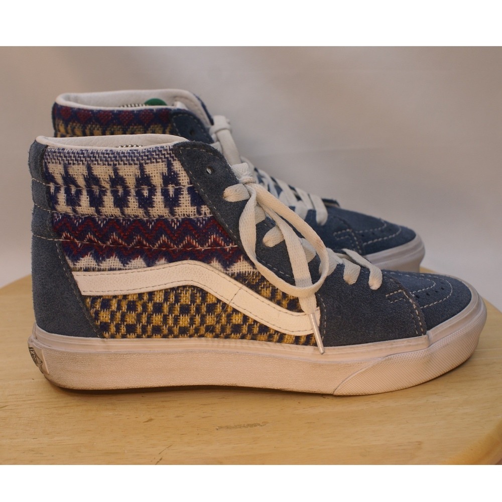 Vans Sk8-Hi Blue Suede Woven Textile Geometric High Top Sneakers Womens 5.5 boho